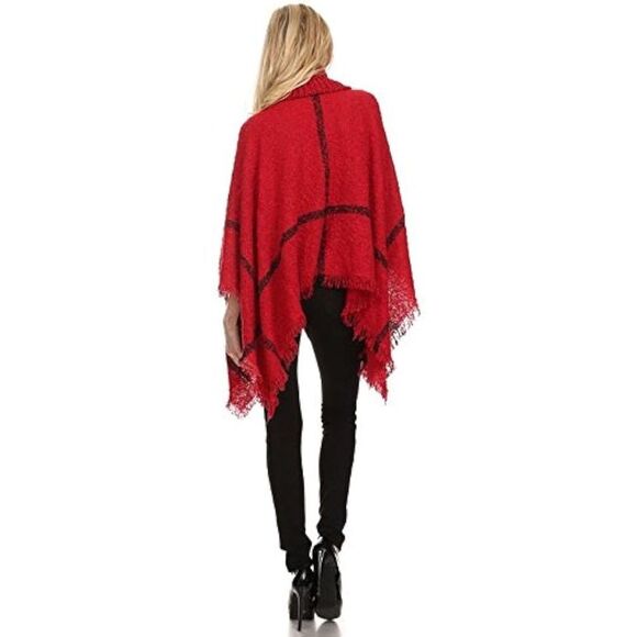 Plaid Cowl Neck Turtle Neck Fringed Poncho Shawl Sweater Cape One Size - Picture 3 of 7
